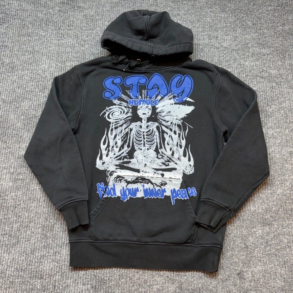 3Forty Stay Humble Hoodie S Black Skeleton Graphic‎ Urban Streetwear Grunge Edgy